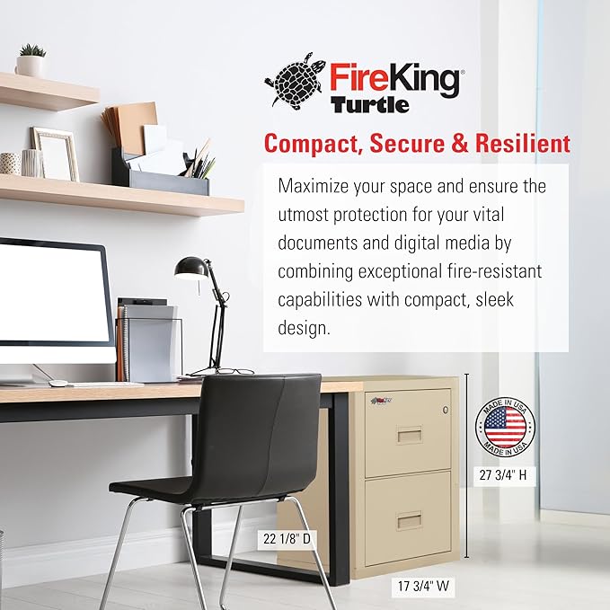 FireKing Turtle Vertical 2 Drawer Legal and Letter Fire Safe File Cabinet with Key Lock, 1 Hour Fire Rated, UL Rated & Water Resistant Home Safe, Filing Cabinet, Made in The USA, Parchment