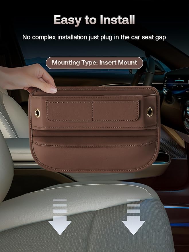 Premium Leather Car Seat Gap Filler Organizer, Universal Fit Accessories for Women/Men Interior, Center Console Organizer with Card Slots for Car, SUV, Truck (Brown, 1 Pack)