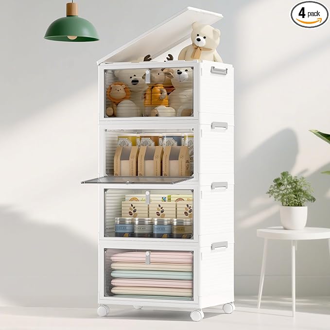 Storage Bins with Lids,4 Tier Stackable Storage Bins with Drawers,4 Pack Collapsible Plastic Storage Boxes with Wheel-1 Lid,23QT Foldable Containers for Closet Living Room Bedroom Office.