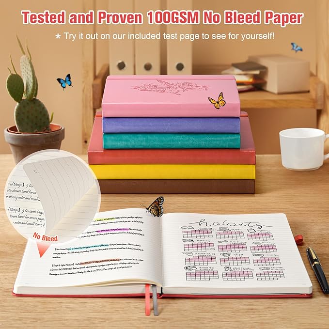 Lined Notebook Journal for Women Men, 312 Numbered Pages B5 Thick Leather Journals for Writing, Daily Diary Journal for Work School, Hardcover College Ruled Notebook, Butterfly Flower Notebook, Red