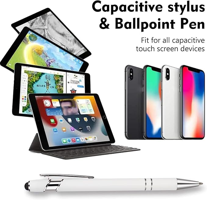 12 PCS 2 in 1 Stylus Ballpoint Pen with Stylus Tip, 1.0 mm Black Ink Metal Pen Stylus Pen for Touch Screens (Silver & White)