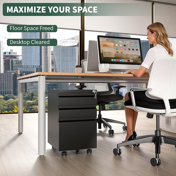 3 Drawer File Cabinet with Lock,Under Desk Rolling Small Filing Cabinet for Home Office Storage,Mobile Steel Cabinets with Wheels,Black,Requires Assembly