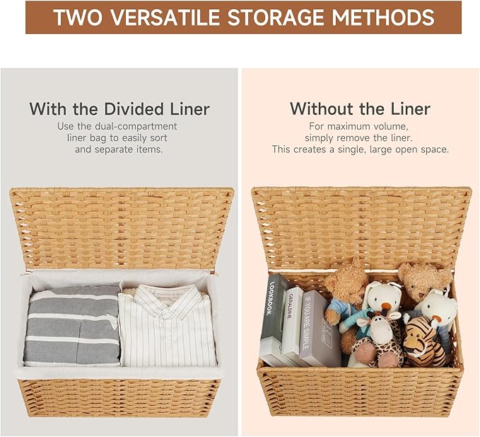 Large Storage Basket with Lids Handmade Woven Storage Basket for Organizing Blanket, 22"*13.4"*13.4"Foldable Storage Bin with Handles, Removable Liner, Basket for Bedroom, Laundry Room, Home(Natural)