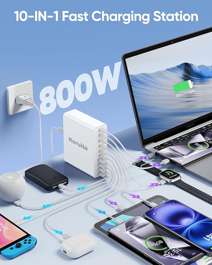 800W USB Charging Station, 120W PD GaN5 Super Fast USB C Charger Block-10 Port, Type C for PC Laptop MacBook Pro/Air Charger Compatible with iPhone 17 16 15 14 13 12 Pro Max, iPad, Galaxy