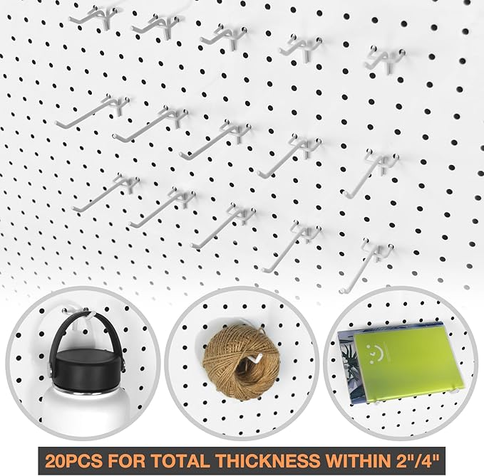 G.CORE 24-Pack Pegboard Hooks, 2" 4" Peg Board Tool Utility Hangers Fit 1/4" Pegboards, Heavy Duty Metal Shelving Brackets, Wall Organizers and Storage for Craft Room Garage Workbench Office (White)