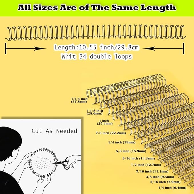 3:1 Pitch Double Loop Binding Wires, YolieraArt 100 Pack Spiral Spine Bindings, 9/16 Inch Wire Twin Binding for Book Binder Machine,Students and Coworkers (120 Sheet Capacity, 100P, Silver)