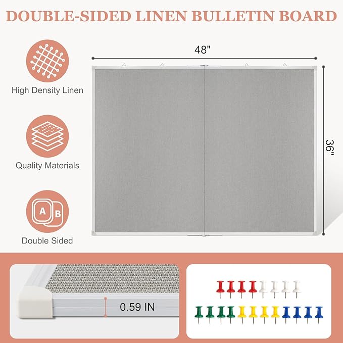 Double-Sided Large Cork Board with Linen, 60" x 40" Foldable Hanging Aluminum Framed Bulletin Board, Vision Board Pin Board Corkboards for Walls, Office, School Decor, 20 Pushpins