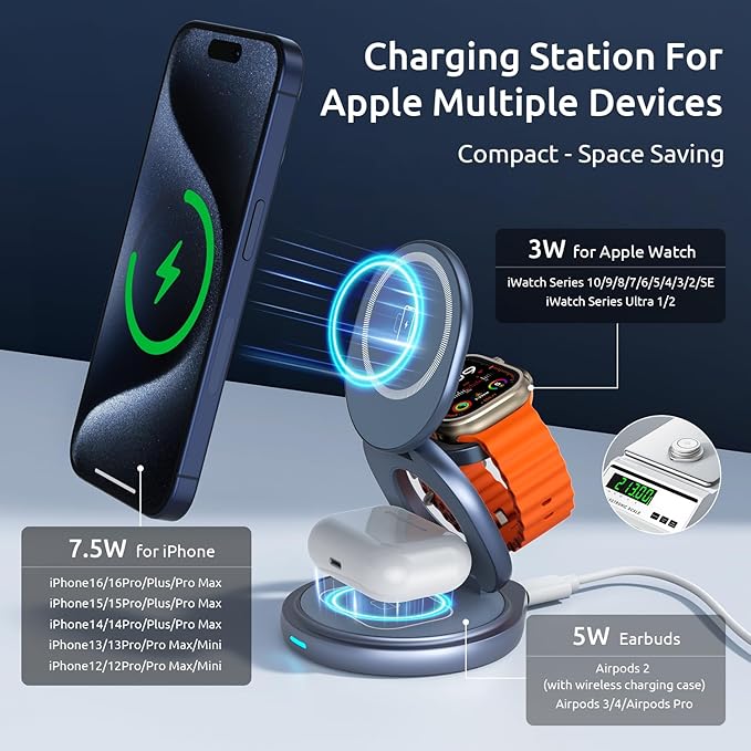 3 in 1 Wireless Charging Station for Apple Travel Charger for Multiple Devices Aluminum Alloy Foldable Magnetic Magsafe Charger 360 Rotating for iPhone 17/16/15/14/13/12 Series,for iWatch,for Airpods