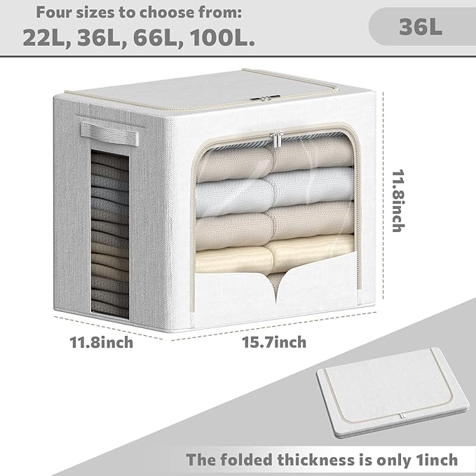 FHSQX 3 Pack Clothes Storage Bins Foldable Metal Frame Storage Box Stackable Linen Fabric Container Organizer Set with Carrying Handles and Clear Window (Cream White, 15.7x11.8x11.8inch(36L))
