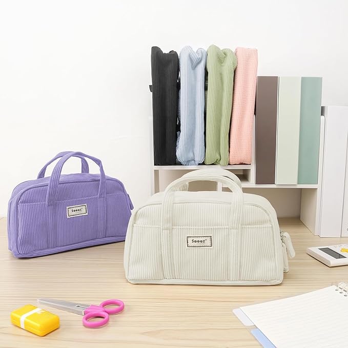 Sooez Large Pencil Case Pouch, Extra Big Pencil Bag with 5 Compartments, Pen Bag Wide Opening, Soft Waffle Pencil Pouch Organizer with Zipper, Cute Aesthetic School Supplies for Teen Girls-Coral