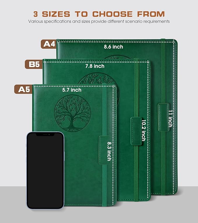 Lined Journal Notebook for Women Men,256 Pages A4 Large Hardcover Leather Journals for Writing,Travel,Business,Work,School,College Ruled Notebooks for Note Taking,Diary Notepad 8.6"×11" (Green)