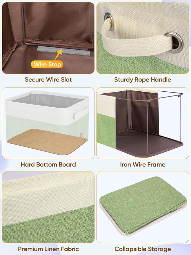 BALEINE 4 Pack Fabric Storage Bins for Shelves, Linen Storage Baskets for Organizing, Decorative Closet Bins for Clothes, Home (Green, 14''x10''x8.5'')