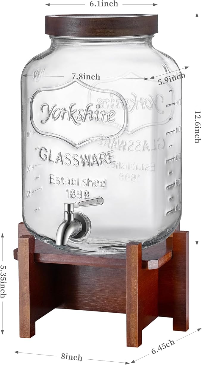 Drink Dispenser with Acacia Wood Stand and Lid,2 Gallon Glass Beverage Dispenser with Stainless Steel Spigot for Parties,Picnics,Barbecues,Lemonade,Sun tea Jar,ice coffee,Laundry Detergent Dispenser