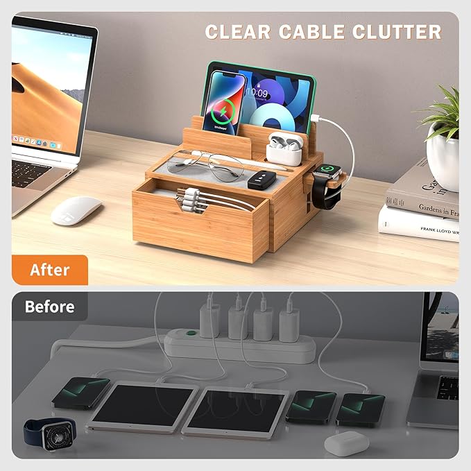 Pezin & Hulin Bamboo Charging Station for Multi Device, with Power Charger & Cables, Nightstand Docking Station with Lined Tray & Drawer, Compatible with Tablet, Cell Phones