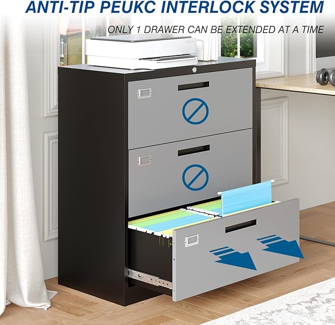 3 Drawer File Cabinet, Lateral Filing Cabinets for Home Office, Office Storage Drawers with Lock, Hanging Files Legal/Letter A4 Size (Assemble Required,Black Grey)