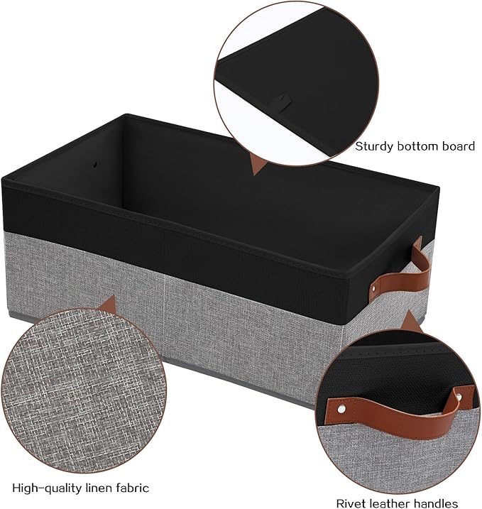 3 Pack Large Capacity Storage Bins Closet Organizer for Shelves, Fabric Closet Storage Baskets Boxes with Leather Handles for Organizing Clothes, Sheets, Jeans, Toys, Books (Black and Grey)
