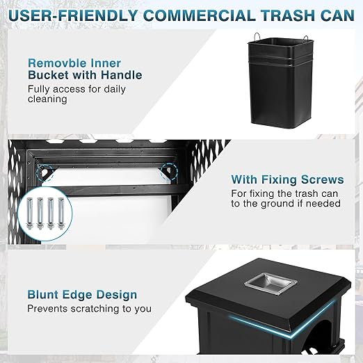 IRONWALLS Indoor/Outdoor Trash Can with Lid, Heavy Duty Steel Garbage Can with Removable Bin, Locking Lid, 16”x16”x35.4” Dual Sided-Open Commercial Trash Can Large for Patio, Backyard, Office, Black