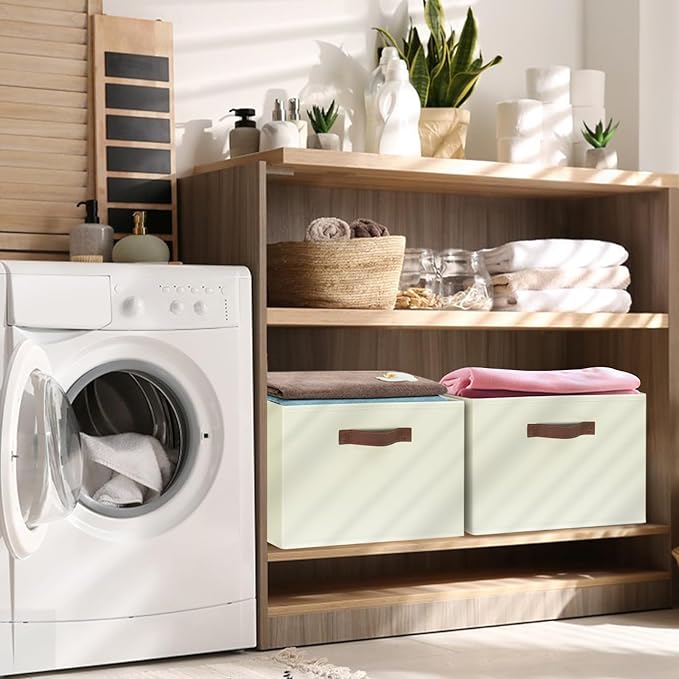 GhvyenntteS Large Storage Baskets for Shelves 6 Pack, Collapsible Fabric Storage Bins with 3 Handles, Decorative Closet Organizers and Storage bins for Clothes Blanket Beddings (Beige, 15"x11"x9.6")