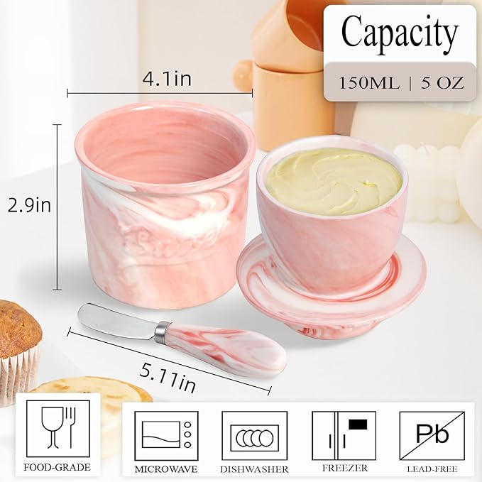 Ceramic Butter Crock with Lid & Spreader Knife, Butter Keeper - Ideal Butter Storage & Countertop Butter Dish (Marble Pink with Marble Pink Knife, M)