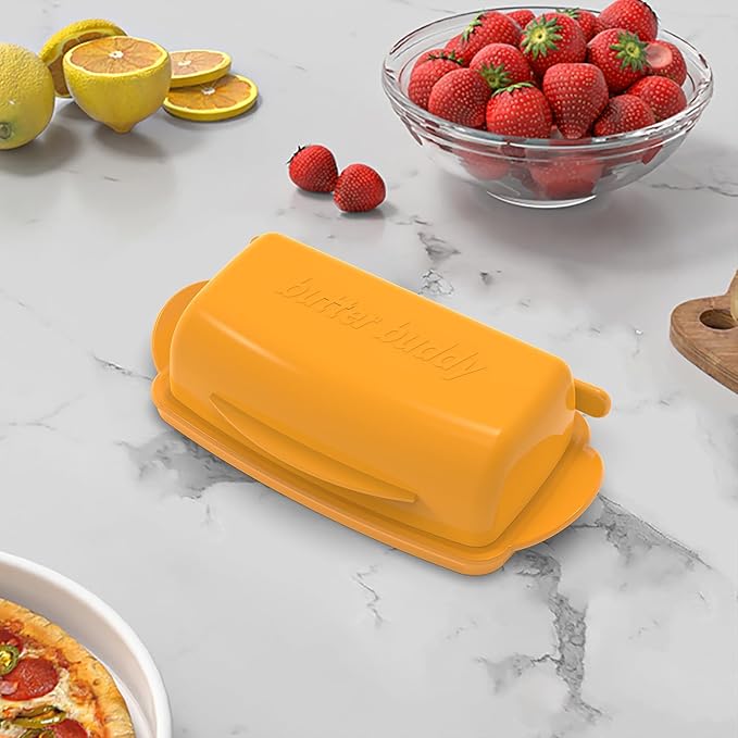 Butter Dishes with Lid for Countertop Refrigerator, Plastic Butter Dish Clear Flip Top Lid Butter Container with Spreader, Non-Slip Bottom Butter Holder Keeper (Orange)