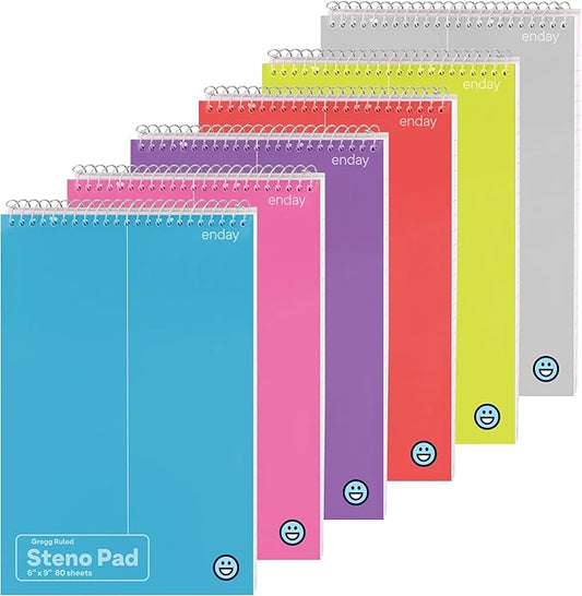 Enday Steno Pads Spiral 6 Pack, 6 x 9, 80 Sheets White Paper, Gregg Rule, Steno Notebook for writing, Assorted Colors, Pink, Purple, Green, Blue, Red, Grey