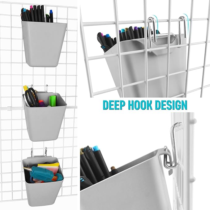 G.CORE Large Grid Wall Bins - 6Pack Gray Gridwall Accessories Hanging Cups with Back Hooks - Plastic Grid Wall Panels Organizers Wire Shelves Holders for Garage Garden Craft Office Tools Storage