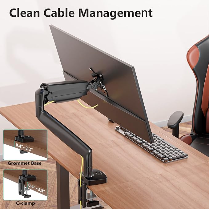 WALI Single Monitor Arm, Gas Spring Monitor Mount for Max 35 inches - 26.4 lbs Screen, Ultrawide Computer Monitors Stand with C Clamp and Grommet Base (GSMP001XL), Black