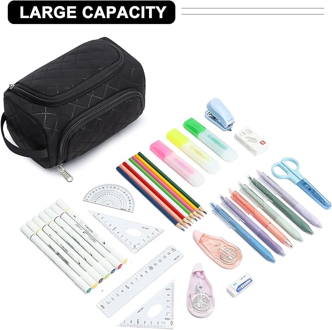 XQXA Extra Large Capacity Pencil Case Organizer, Multifunctional Pencil Pouch with Compartmens, Travel Simple Stationery Bag, Nylon Pencil Bag for Adults (Black Quilted)