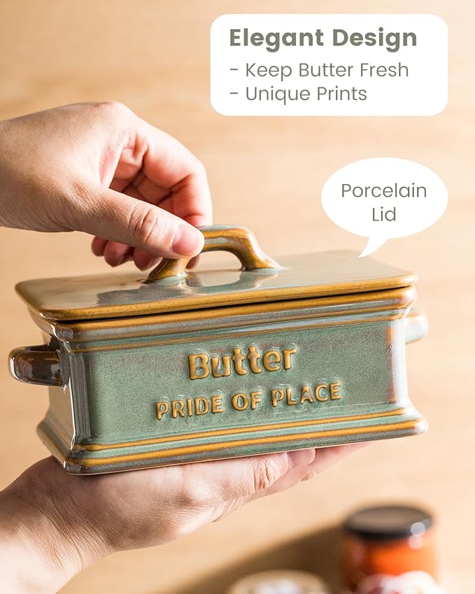 Butter Dish with Lid, Ceramic Butter Holder Container Large Butter Dish for Countertop Farmhouse Decor for Thanksgiving, Christmas Butter Keeper for East West Coast Butter, Green