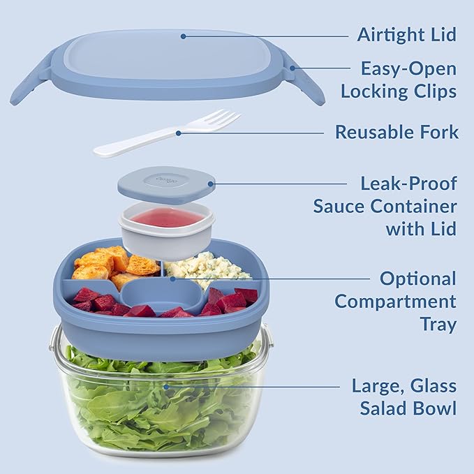 Bentgo Glass All-in-One Salad Container - Large 61-oz Salad Bowl with Lid, 4-Compartment Bento-Style Tray, 3-oz Sauce Container, and Reusable Fork - Dishwasher, Microwave, and Oven Safe (Light Blue)