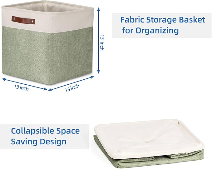 Temary Cube Storage Baskets for Shelves 4pack Fabric Storage Basket for Organizing Clothes, 13 Inch Storage Cubes with Leather Handles, Closet Baskets (White&Green)