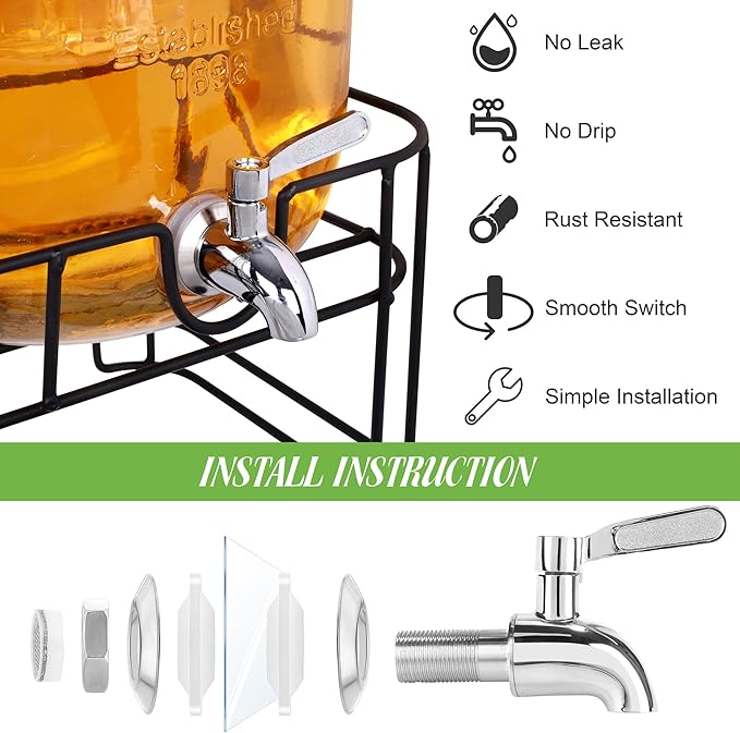 TURSTIN 2 Pcs 2 Gallon Glass Beverage Drink Dispenser with Stand Dual Beverage Dispensers with Ice Cylinder Steel Spigot Hanging Chalkboard Signs Drip Trays Drink Juice Dispenser with Lids for Parties