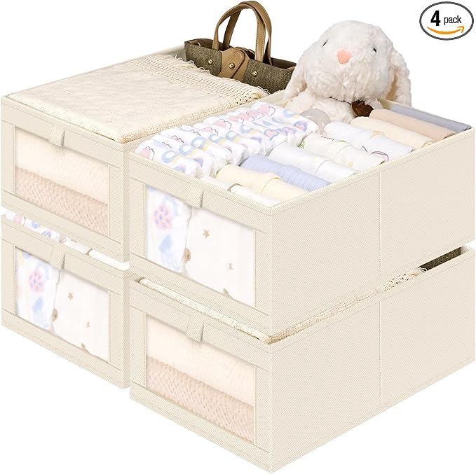 Criusia Closet Organizers and Storage, 4 Pack Linen Closet Baskets with Mesh Window for Organization, Foldable Closet Organizer for Clothing, Towels, Toys, Nursery, Books, Shelves, Beige