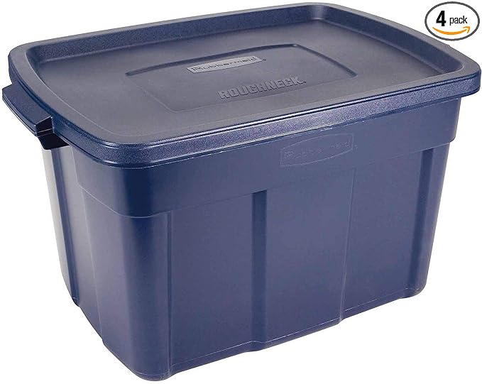 Rubbermaid Roughneck Tote 25 Gal, 4 Pack, Made in USA, Dark Indigo Metallic, Rugged Plastic Stackable Storage Bins with Lids and Handles