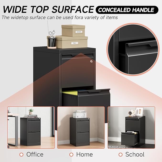 Metal Filing Cabinet With Lock, Vertical 2 Drawer Cabinet for Home Office/Legal/Letter/A4, Lockable for Hanging Files - Assembly Required/Black