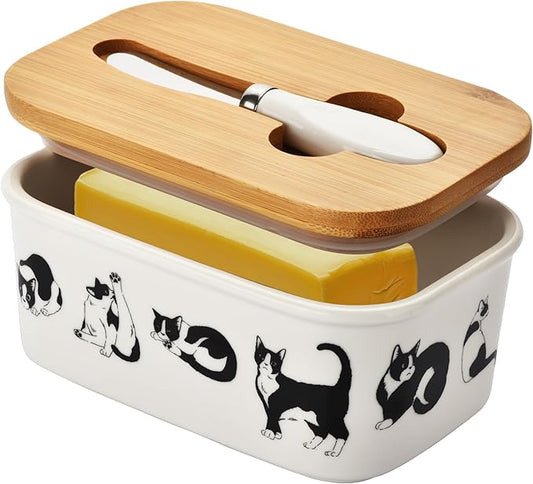 Cute Cat Large Butter Dish with Lid for Countertop,Cute kitten Ceramic Covered Butter Holder with Knife for Fridge, Airtight Butter Keeper Container Storage for East West Coast Butter,White