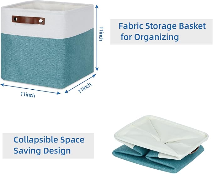Temary 11 Inch Cube Storage Bins Cubes Storage Baskets 4 Pack Fabric Baskets for Gift Empty, Collapsable Fabric Storage Cubes Basket for Storage clothes, Teal Storage Bins for Shelves (White&Teal)
