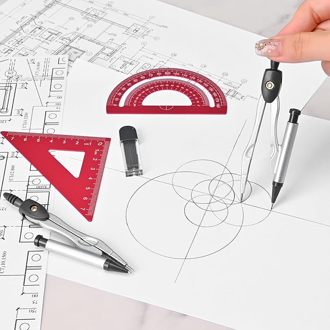 6 Pcs Metal Geometry Set, Math Geometry Kit, Metal Ruler Set and Compass Geometry Tool, Rulers Protractor and Compass Set for Student School and Drawings Supplies (Red)