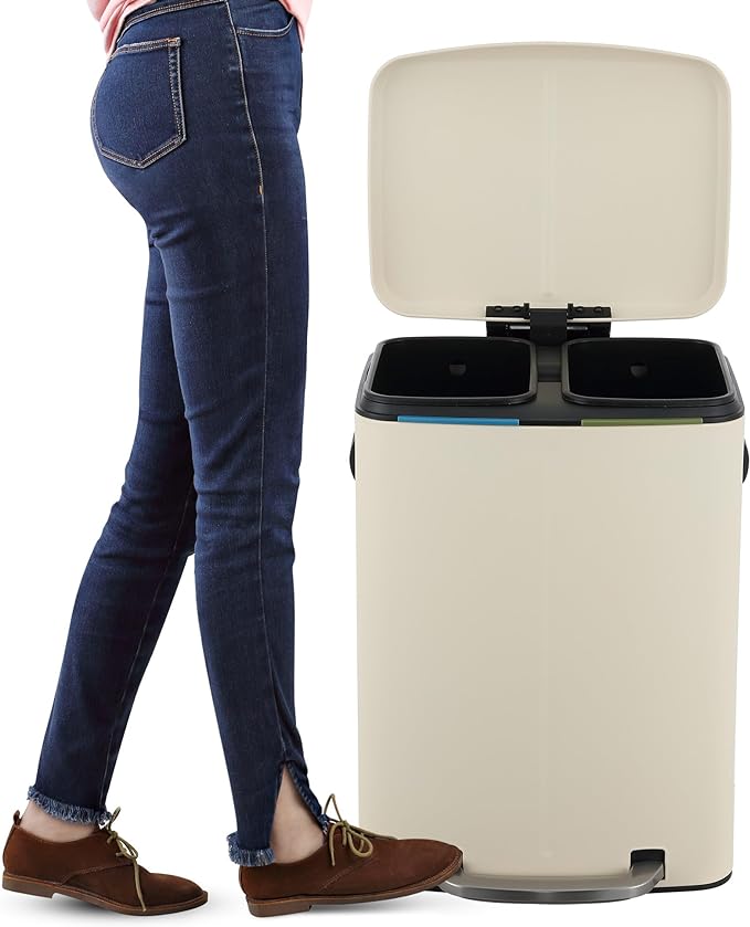 happimess HPM1005F Marco Rectangular 10.6-Gallon Double Bucket Trash Can with Soft-Close Lid, Fingerprint Resistant, Modern, Minimalistic for Home, Kitchen, Office, Bathroom, Limestone Beige