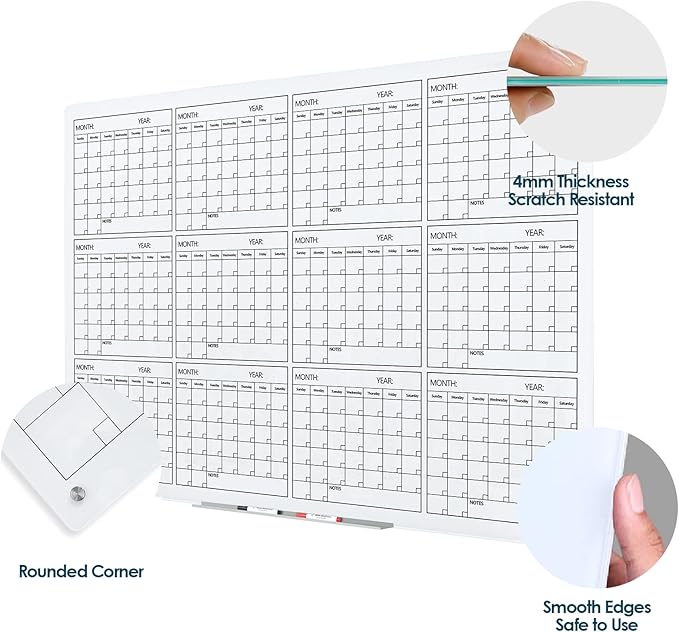 J&J worldwide Glass Whiteboard Yearly Calendar - 35" X 47" Large Wall Whitrboard - White Board Dry Erase Planner for Wall Home, School, Office