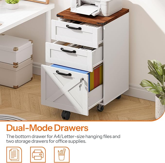 HOOBRO 3 Drawer File Cabinet with Lock, Mobile Farmhouse Filing Cabinet for A4/Letter Size, Under Desk Rolling Office Cabinet, Printer Stand with Storage for Home Office, White and Walnut WH67WJ01