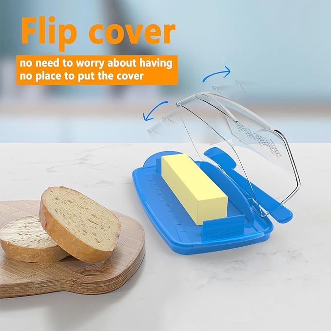 Blue Butter Dishes with Lid for Countertop Refrigerator, Clear Butter Dish Plastic Flip Top Lid Butter Container with Spreader, Non-Slip Bottom Butter Holder Keeper (Transparent Cover Blue)