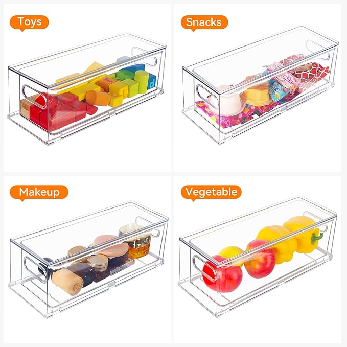 Abiudeng 2 Pack Stackable Refrigerator Organizer Bins with Pull-out Drawer, Drawable Clear Fridge Drawer Organizer with Handle, Plastic Kitchen Pantry Storage Containers