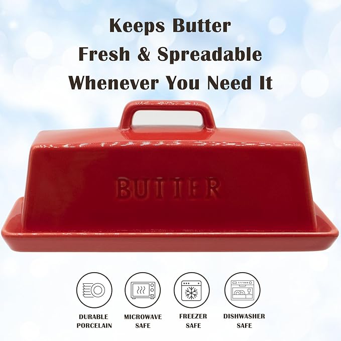 Ceramic Butter Dish With Lid for Countertop, Covered Butter Holder With Lid, Red Butter Container, Butter Tray With Handle