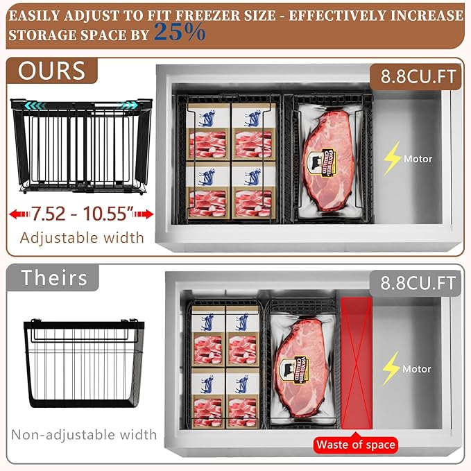 Large Freezer Organizer Bins，Upgraded Bottom Leak-Proof net，Fit 5 to 9 Cu Ft Chest Freezer，4 Pack， Expandable Stackable Chest Freezer Containers with Handle (Black--4Pack)