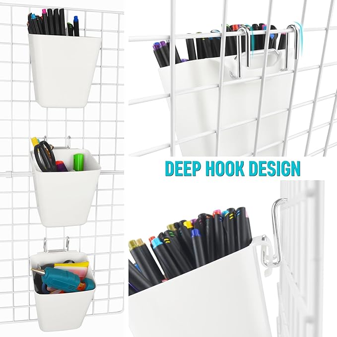 G.CORE Large Grid Wall Bins - 6Pack White Gridwall Accessories Hanging Cups with Back Hooks - Plastic Grid Wall Panels Organizers Wire Shelves Holders for Garage Garden Craft Office Tools Storage