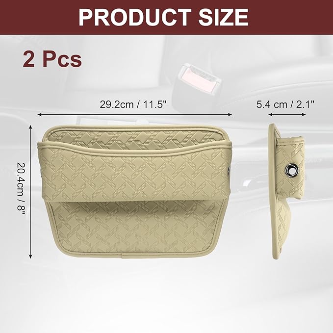 HARFINGTON 2pcs Car Seat Gap Filler Organizer 11.5 x 8 x 2.1 Inch Leather Universal Car Organizer Storage Box Between Seat and Console for Phone Sunglasses Keys, Beige