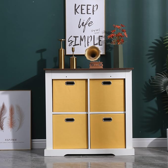 Cube Storage Bins 13×13x13 Inch, 4 Pack Collapsible Linen Fabric Storage Cubes with Handles, Thick Heavy Duty Storage Baskets for Shelves Kallax Bedroom Dormitory Toy Clothes, Yellow