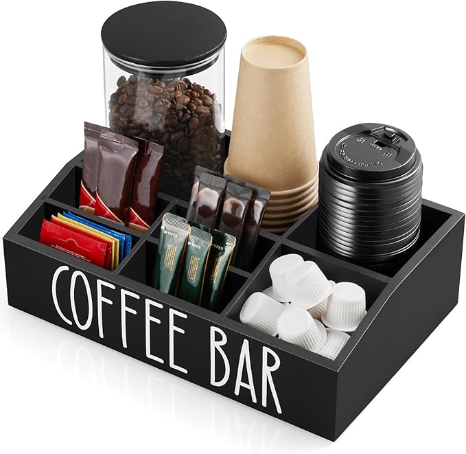 ALELION Coffee Station Organizer for Countertop - 7 Compartments Coffee Bar Accessories and Organizer with Removable Dividers - Black Coffee and Tea Condiment Organizer
