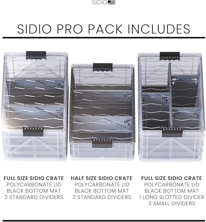SIDIO CRATE Pro Pack - Two Full Size and One Half Size Heavy Duty Stackable Storage Bins, Totes and Containers with Lids and Dividers - Durable Organizer for Home, Office, Garage, and Outdoor Use